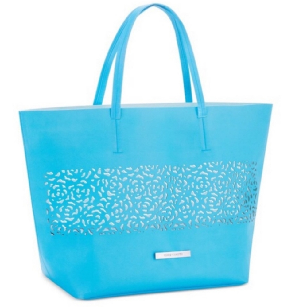 Vince Camuto Tiffany Blue Faux Leather Tote Bag Cut Out Style